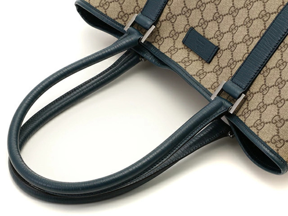 Gucci Beige Cream Leather GG Tote Blue Bag Cream Blue